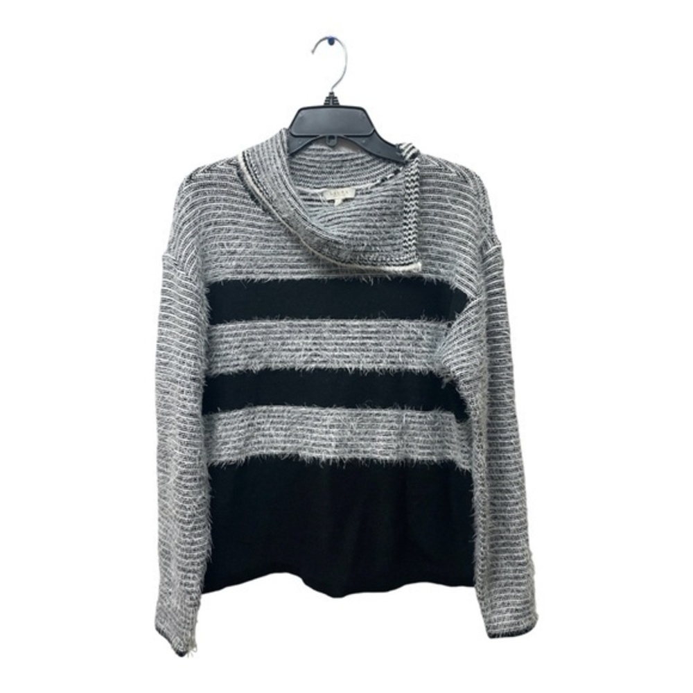 Laura Petites Women's Sweater Eyelash Striped Grey Black Split Cowl Neck Size La